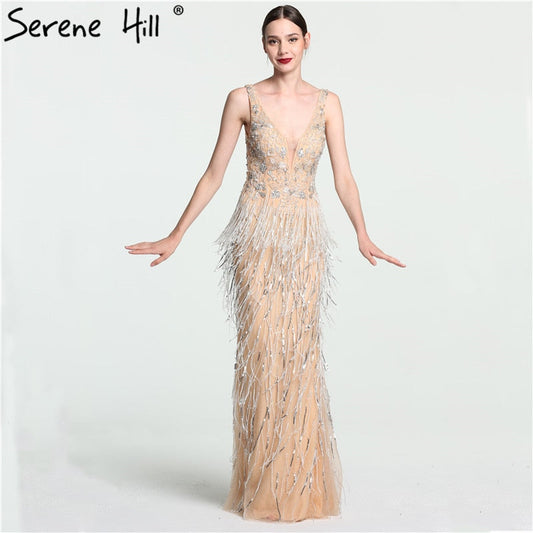 Sale Sexy Deep-V Mermaid Gold Tulle Evening Dresses Newest Beading Sequined Luxury Evening Gown 2025 LA6104
