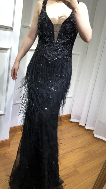 Sale Sexy Deep-V Mermaid Gold Tulle Evening Dresses Newest Beading Sequined Luxury Evening Gown 2025 LA6104