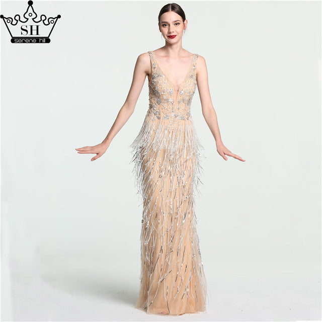 Sale Sexy Deep-V Mermaid Gold Tulle Evening Dresses Newest Beading Sequined Luxury Evening Gown 2025 LA6104