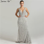 Sale Sexy Deep-V Mermaid Gold Tulle Evening Dresses Newest Beading Sequined Luxury Evening Gown 2025 LA6104