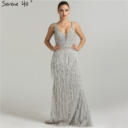 Sale Sexy Deep-V Mermaid Gold Tulle Evening Dresses Newest Beading Sequined Luxury Evening Gown 2025 LA6104
