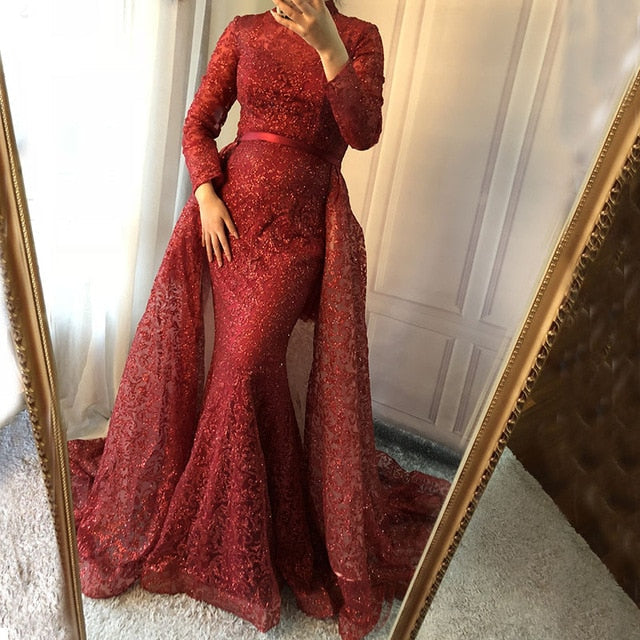 Im Angebot Keine Rückgabe Keine Rückerstattung Mode Meerjungfrau Luxus Glitzer Weinrot Abendkleid Lange Ärmel Glitzer mit Schleppe Abendkleider 2025 LA6326