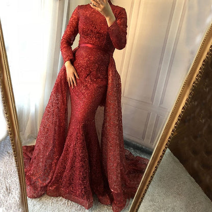 On Sale No Return No Refund Fashion Mermaid Luxury Glitter Wine Red Evening Dress Long Sleeves  Gliter  with train Evening Gowns 2025 LA6326