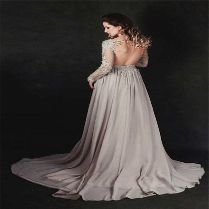 Vestido de noche formal de manga larga con cuentas de cristal gris HA2097.