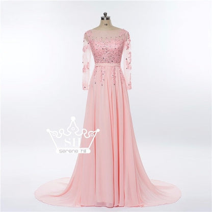 Vestido de noche formal de manga larga con cuentas de cristal gris HA2097.