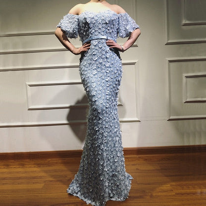 En oferta, sin devolución ni reembolso. Vestidos de noche sexis de sirena sin tirantes, mangas cortas, bordados con perlas, LA6519.