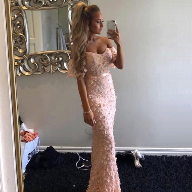 En oferta, sin devolución ni reembolso. Vestidos de noche sexis de sirena sin tirantes, mangas cortas, bordados con perlas, LA6519.