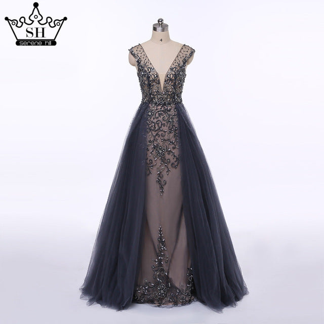 Feste Perlen Marineblau Mit Schleppe Abendkleid Lange Diamant Kristall Tüll Formales Abendkleid 2025 LA6185