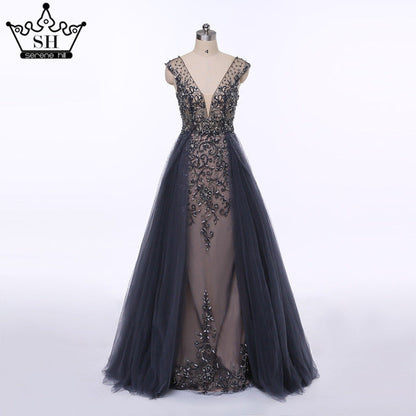 Feste Perlen Marineblau Mit Schleppe Abendkleid Lange Diamant Kristall Tüll Formales Abendkleid 2025 LA6185