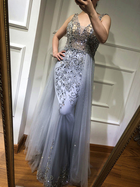 Hard Beading Navy  Blue With Train  Evening Dress Long Diamond Crystal Tulle Formal Evening Dress 2025 LA6185