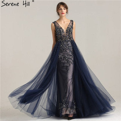 Feste Perlen Marineblau Mit Schleppe Abendkleid Lange Diamant Kristall Tüll Formales Abendkleid 2025 LA6185