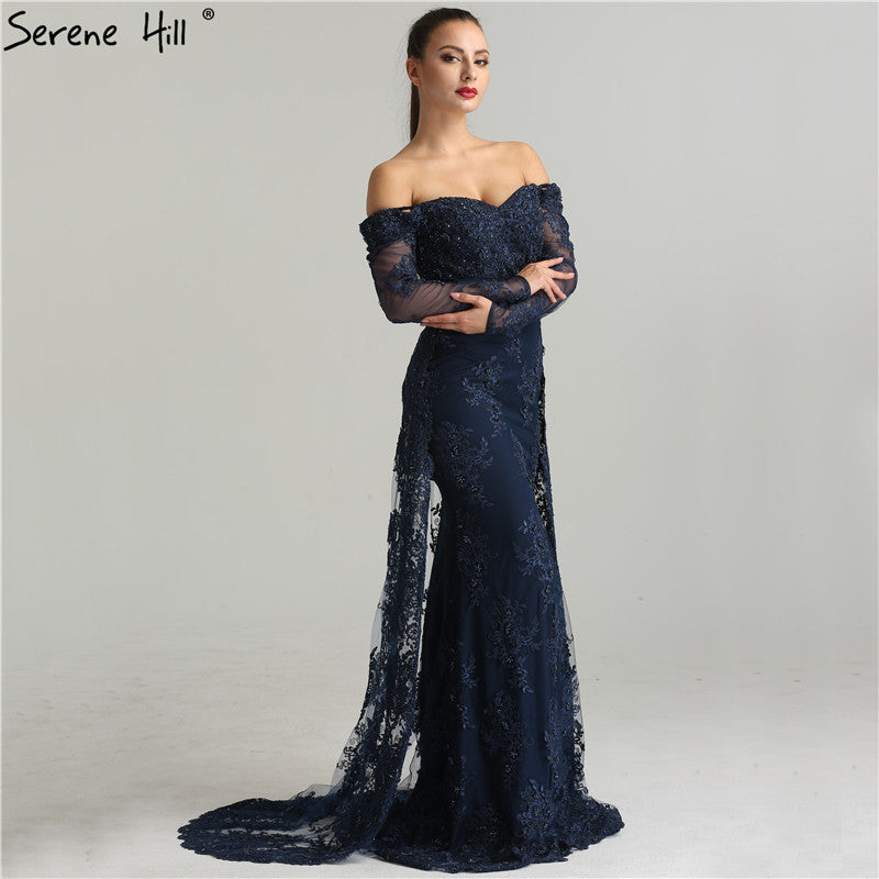On Sale No Return No Refund Long Sleeve Embroidery Pearls Sexy Evening Dresses 2025 Fashion Elegant Lace Mermaid Evening Gown LA6377