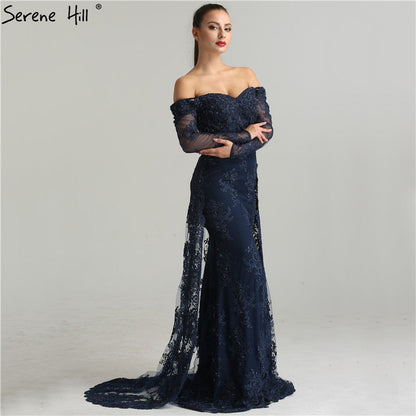 On Sale No Return No Refund Long Sleeve Embroidery Pearls Sexy Evening Dresses 2025 Fashion Elegant Lace Mermaid Evening Gown LA6377