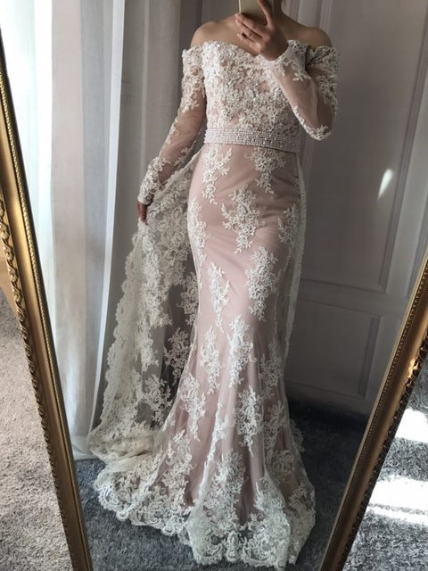 On Sale No Return No Refund Long Sleeve Embroidery Pearls Sexy Evening Dresses 2025 Fashion Elegant Lace Mermaid Evening Gown LA6377