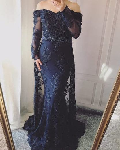 On Sale No Return No Refund Long Sleeve Embroidery Pearls Sexy Evening Dresses 2025 Fashion Elegant Lace Mermaid Evening Gown LA6377