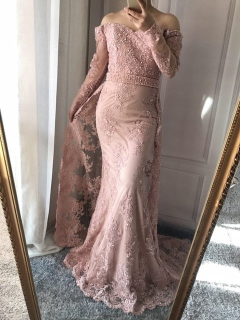On Sale No Return No Refund Long Sleeve Embroidery Pearls Sexy Evening Dresses 2025 Fashion Elegant Lace Mermaid Evening Gown LA6377