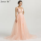 On Sale no return no refundSale Pink Perspective Deep-V Backless Appliques Pearl Sleeveless Photography Evening Gowns HA2160