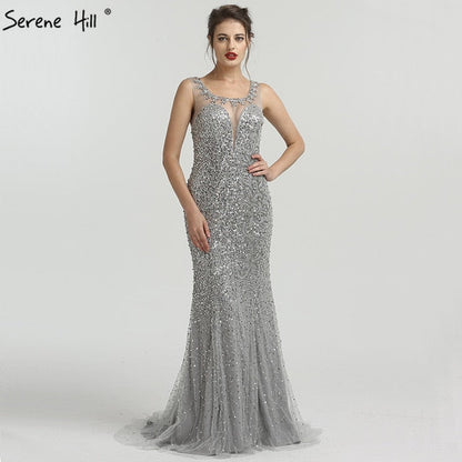 En oferta, sin devolución ni reembolso.Vestido de noche gris de lujo sin mangas, sexy, elegante, sirena, lentejuelas brillantes, LA6580
