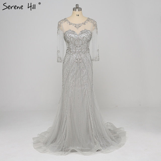 Vestido de noche de tul con lentejuelas y cuentas, transparente, de manga larga, corte sirena, LA6395