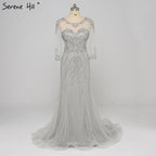 Vestido de noche de tul con lentejuelas y cuentas, transparente, de manga larga, corte sirena, LA6395