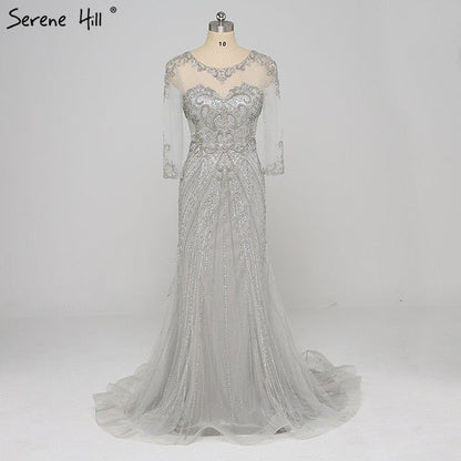 Sale Beading Sequined Tulle Evening Dress Transparent Long Sleeves Mermaid Evening Gown LA6395