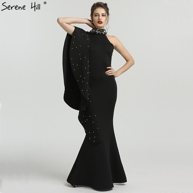 En oferta, sin devolución ni reembolso. Diseño en oferta, vestido de noche negro de sirena con cuello alto, elegante, con perlas, sin mangas, largo QA8024