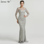 Vestido de noche brillante de manga larga con escote sirena y cuentas de diamantes LA6591