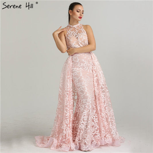 En oferta, sin devolución ni reembolso. Venta de vestidos de noche sexys de diseñador de Dubái con encaje rosa, vestido de noche estilo sirena LA6282