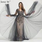 Vestido de noche sexy de manga larga con escote en V, nuevo 2025, corte A, con cuentas de diamantes y cola. Foto real LA6571.