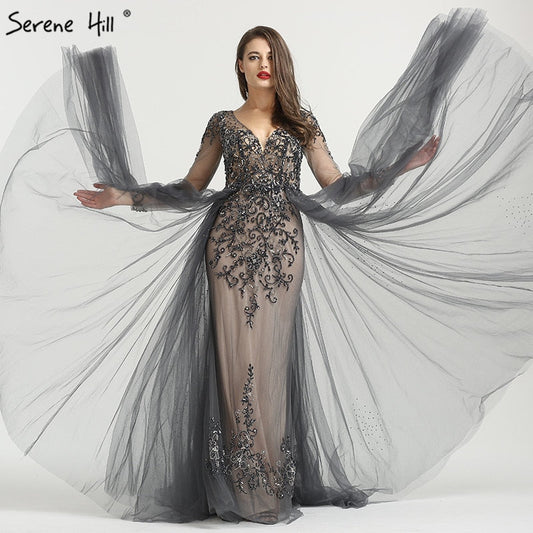 Langarm Sexy V-ausschnitt Neue Abendkleid 2025 A-Line Mode Diamant Perlen Mit Zug Abendkleid Real Photo LA6571