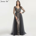 Vestido de noche sexy de manga larga con escote en V, nuevo 2025, corte A, con cuentas de diamantes y cola. Foto real LA6571.