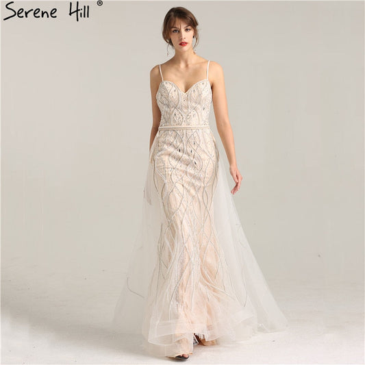 White Nude Evening Dresses Pearls Crystal Mermaid Evening Gown LA6242