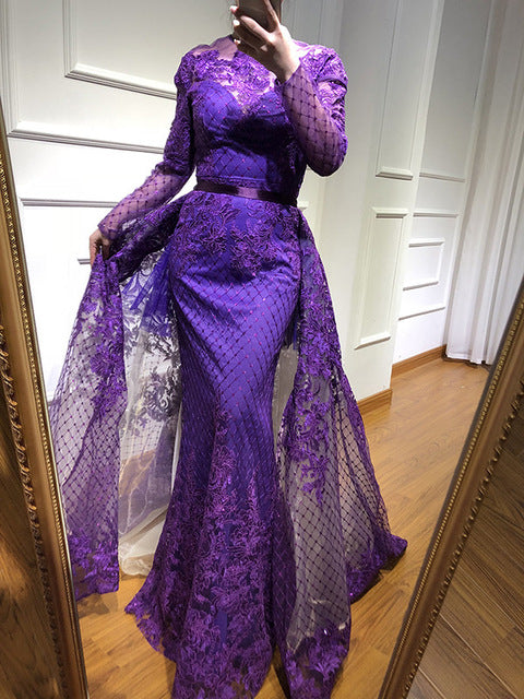 On Sale No Return No Refund Purple Long Sleeves Fashion Evening Dresses LA6548