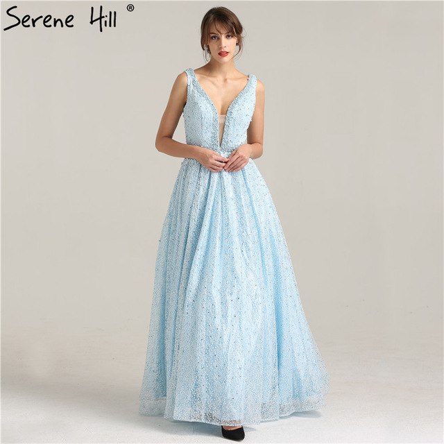 En oferta, sin devoluciones ni reembolsos. Oferta. Vestido de noche largo sexy con escote en V profundo y perlas de cristal LA6173.