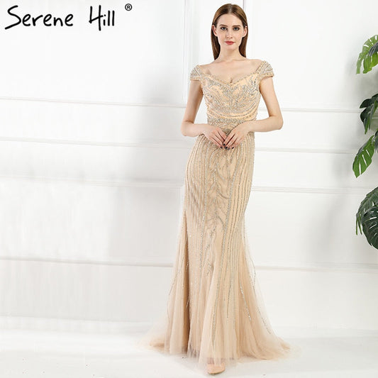 Sexy Off Shouler Diamant Gold Nude Meerjungfrau Abendkleider Sparkly Abendkleid 2025 Real Photo LA6110