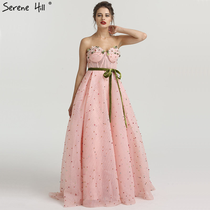 Vestido de noche de tul ilusión sin mangas con flores de colores y perlas, moda playera LA6490