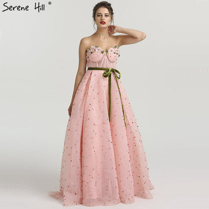 Vestido de noche de tul ilusión sin mangas con flores de colores y perlas, moda playera LA6490