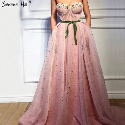 Vestido de noche de tul ilusión sin mangas con flores de colores y perlas, moda playera LA6490