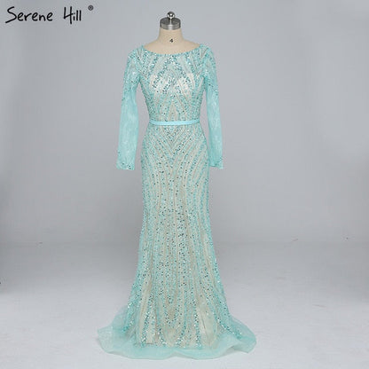 En oferta, sin devolución ni reembolso, venta, vestidos de noche de tul brillante de lujo con mangas largas y cuentas de sirena LA6396