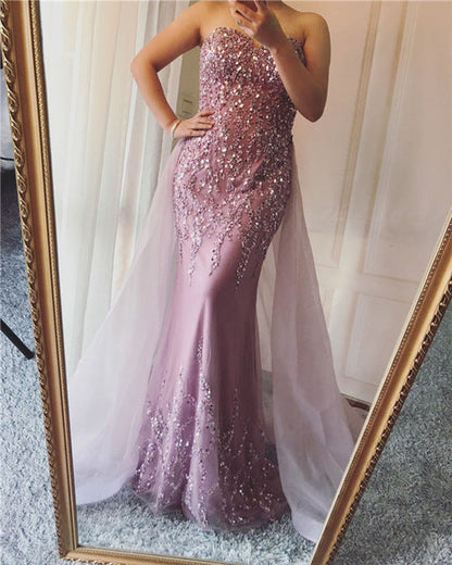 Vestido de noche elegante de sirena morado con lentejuelas y cuentas, sin mangas, LA6215