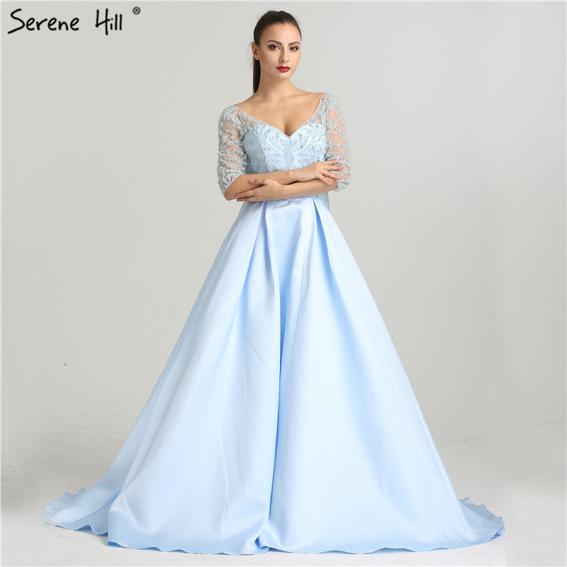 En oferta, sin devolución ni reembolso.Vestido de noche sexy con escote en V, mangas largas, media manga y cuentas de cristal LA6429