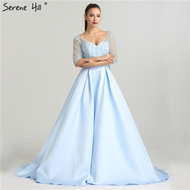 En oferta, sin devolución ni reembolso.Vestido de noche sexy con escote en V, mangas largas, media manga y cuentas de cristal LA6429
