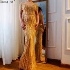 On Sale no return no refundSale Gold Luxury Sleeveless Mermaid Evening Dresses Elegant Sparkle Evening Gowns LA6543
