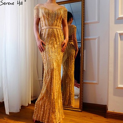 On Sale no return no refundSale Gold Luxury Sleeveless Mermaid Evening Dresses Elegant Sparkle Evening Gowns LA6543