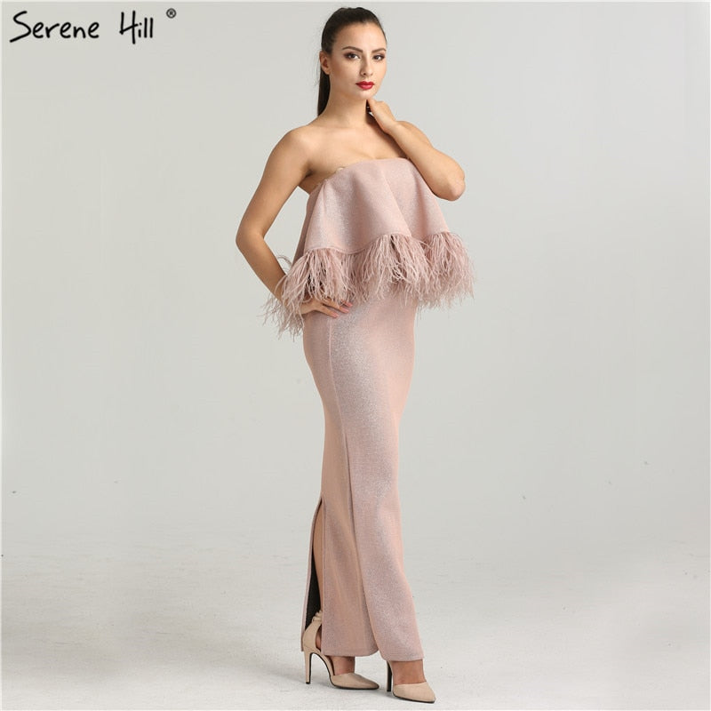 Strauß Meerjungfrau Formales Abendkleid Ärmellos Federn Perlenbesatz Hill QA8021
