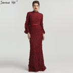Vestidos de noche elegantes de tul con mangas largas y flores y perlas, estilo sirena, moda musulmana, LA6293, 2025