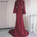 Vestidos de noche elegantes de tul con mangas largas y flores y perlas, estilo sirena, moda musulmana, LA6293, 2025
