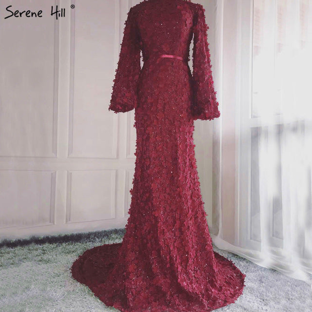 Vestidos de noche elegantes de tul con mangas largas y flores y perlas, estilo sirena, moda musulmana, LA6293, 2025