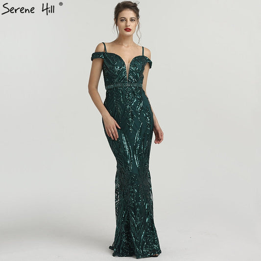 Vestido de noche elegante de sirena con escote barco y lentejuelas y diamantes LA6582