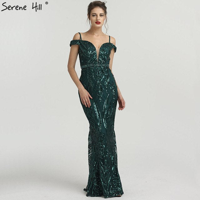 Vestido de noche elegante de sirena con escote barco y lentejuelas y diamantes LA6582